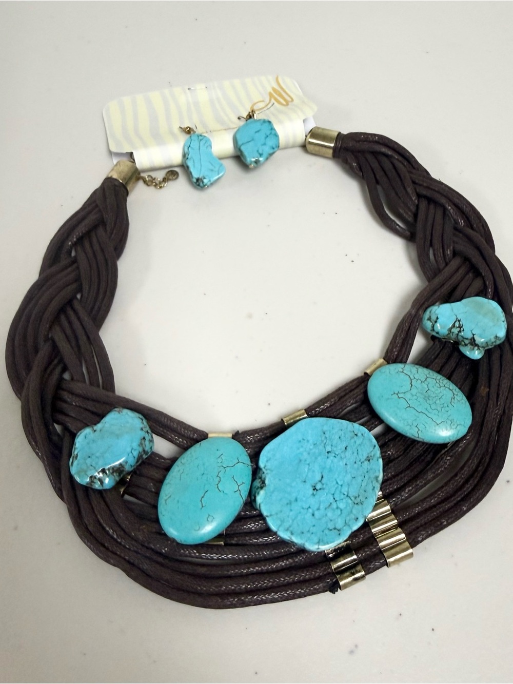 NEW Boutique Boho Brown Leather Multi-Strand Turquoise Stone Statement Necklace - Picture 2 of 6
